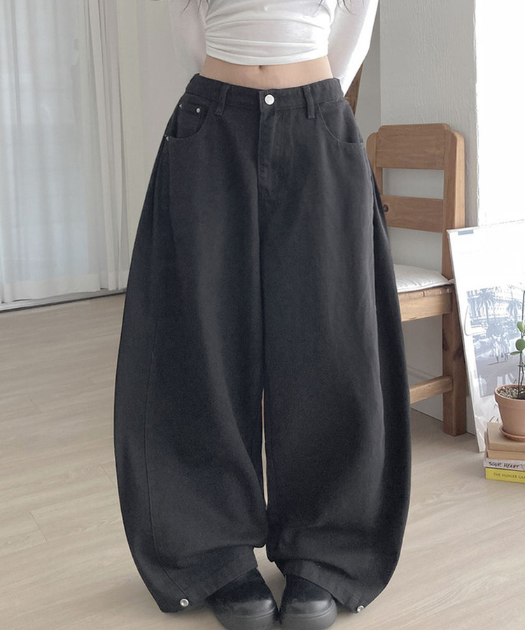 MADE 테론 레오파드 크로스 비즈 찡 백포켓 사이드핀턱 와이드 코튼 팬츠 블랙