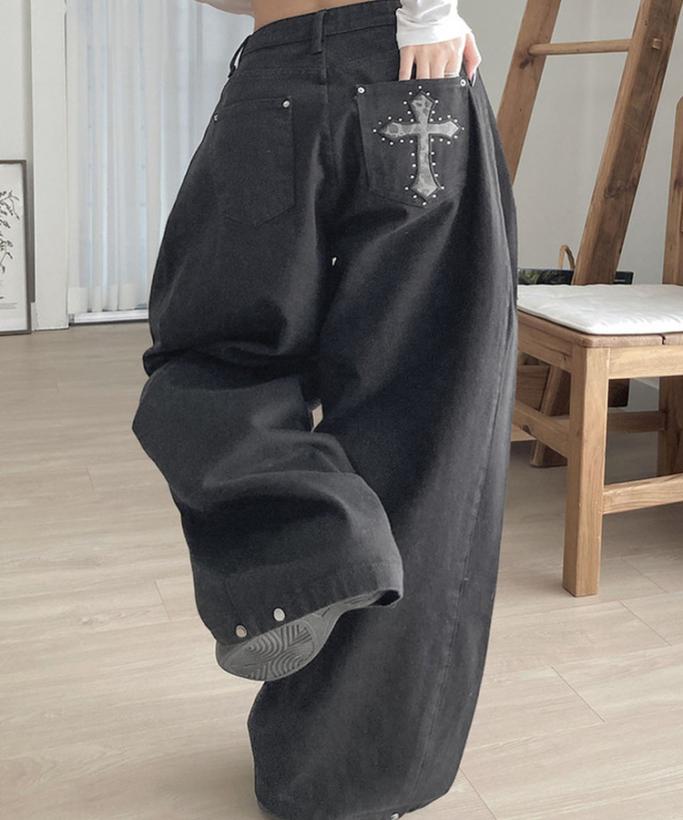 MADE 테론 레오파드 크로스 비즈 찡 백포켓 사이드핀턱 와이드 코튼 팬츠 블랙