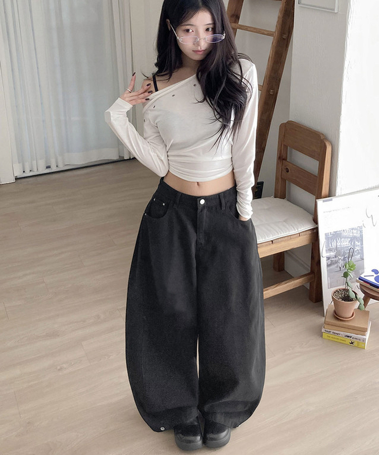 MADE 테론 레오파드 크로스 비즈 찡 백포켓 사이드핀턱 와이드 코튼 팬츠 블랙