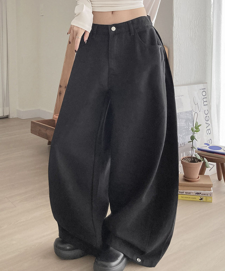 MADE 테론 레오파드 크로스 비즈 찡 백포켓 사이드핀턱 와이드 코튼 팬츠 블랙