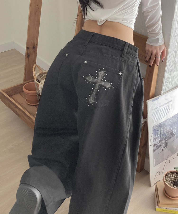 MADE 테론 레오파드 크로스 비즈 찡 백포켓 사이드핀턱 와이드 코튼 팬츠 블랙