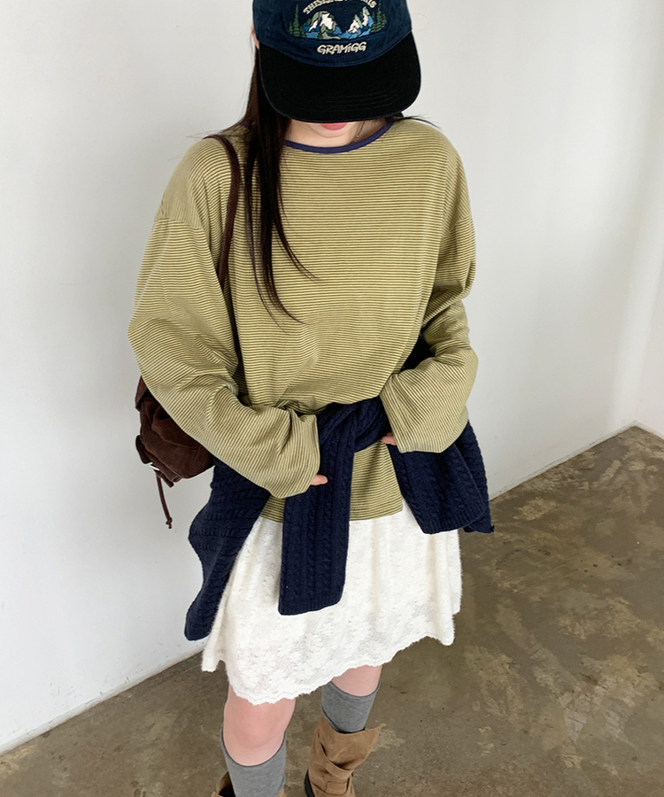 ストライプオーバーフィットTシャツ(6color) OLIVE