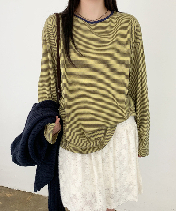 ストライプオーバーフィットTシャツ(6color) OLIVE