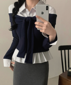 소울 타이리본 스트라이프 버튼 긴팔티셔츠 3color 네이비