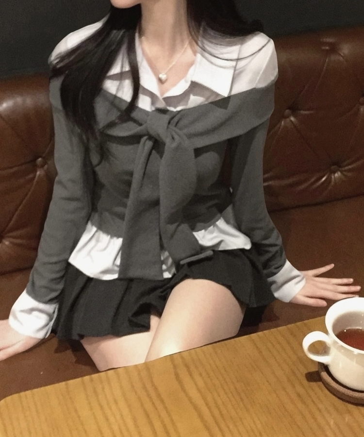 リボンストライプレイヤード風ブラウス GREY