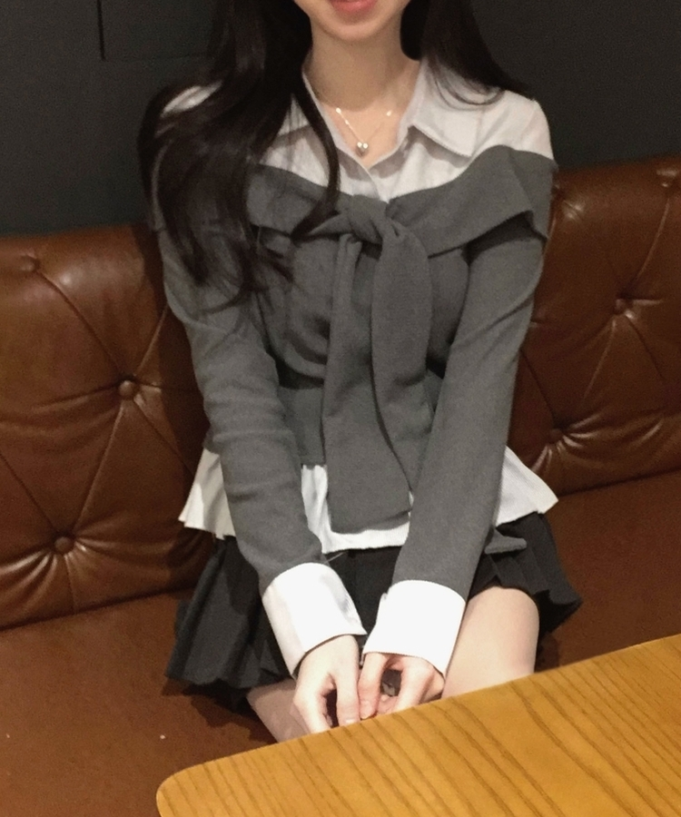 リボンストライプレイヤード風ブラウス GREY