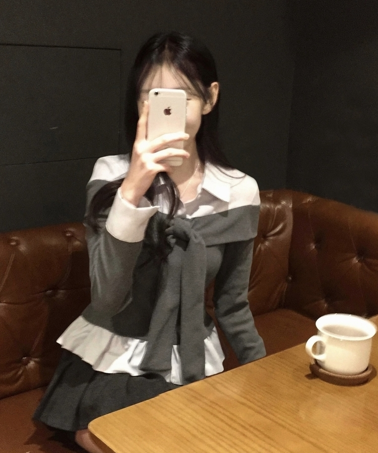 リボンストライプレイヤード風ブラウス GREY