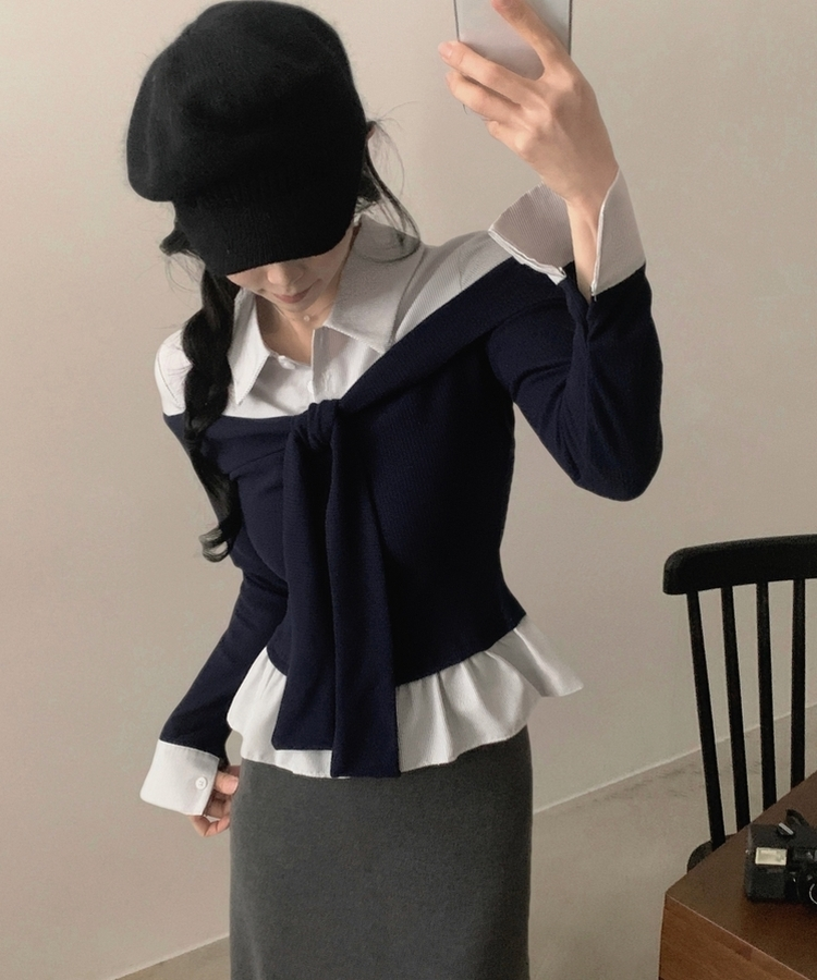 リボンストライプレイヤード風ブラウス NAVY