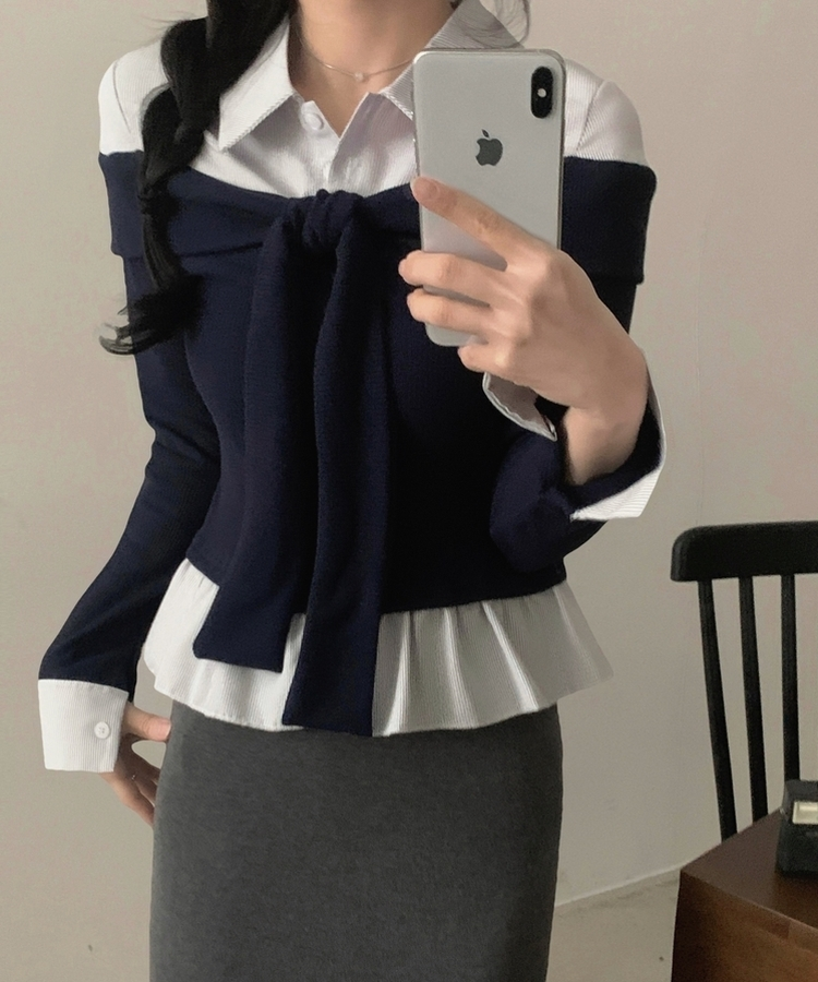 リボンストライプレイヤード風ブラウス NAVY
