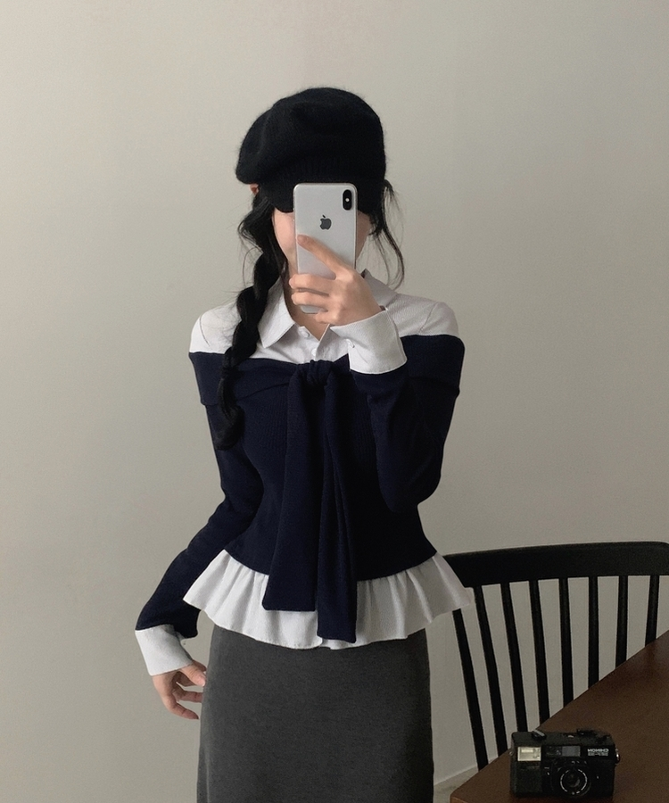 リボンストライプレイヤード風ブラウス NAVY