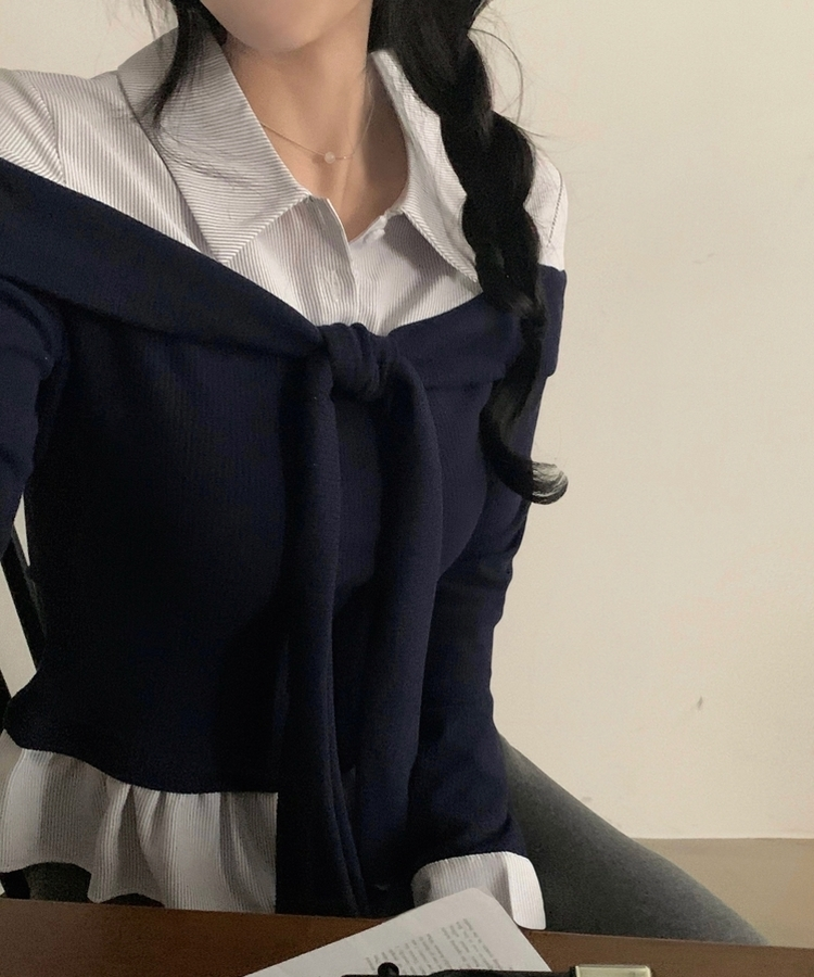 リボンストライプレイヤード風ブラウス NAVY