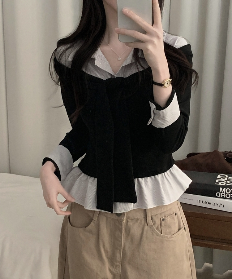 リボンストライプレイヤード風ブラウス BLACK