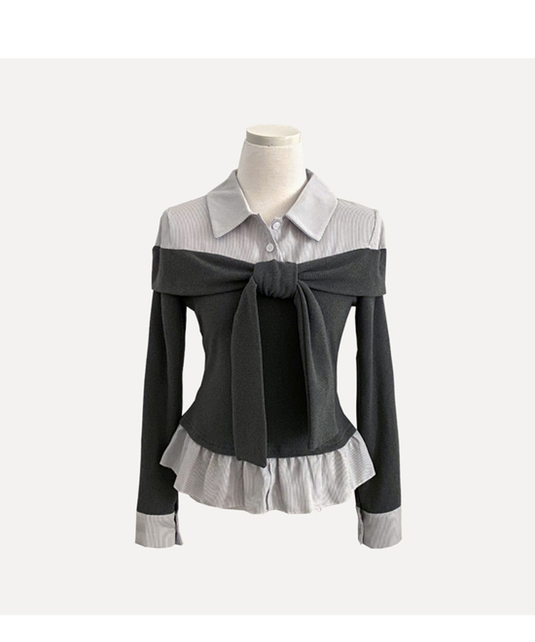 リボンストライプレイヤード風ブラウス