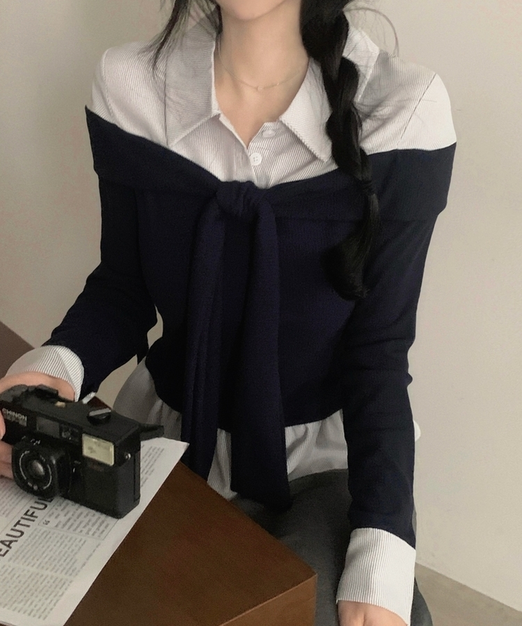 소울 타이리본 스트라이프 버튼 긴팔티셔츠 3color 네이비