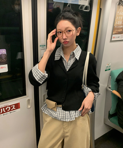 フリルチェックボタンシャツ GREY