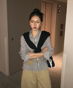 フリルチェックボタンシャツ GREY