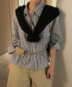 フリルチェックボタンシャツ GREY