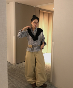 フリルチェックボタンシャツ GREY