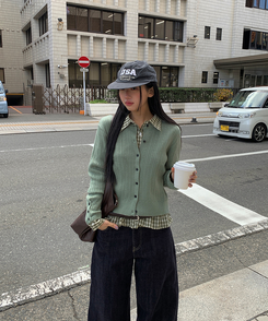 フリルチェックボタンシャツ GREEN