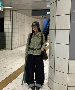 フリルチェックボタンシャツ GREEN