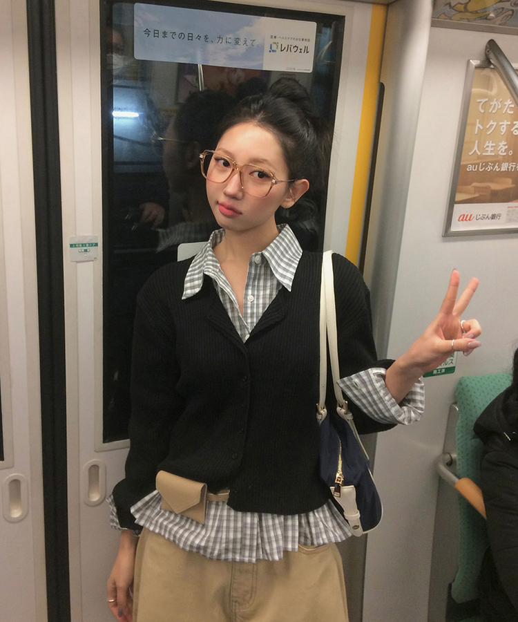 フリルチェックボタンシャツ GREY