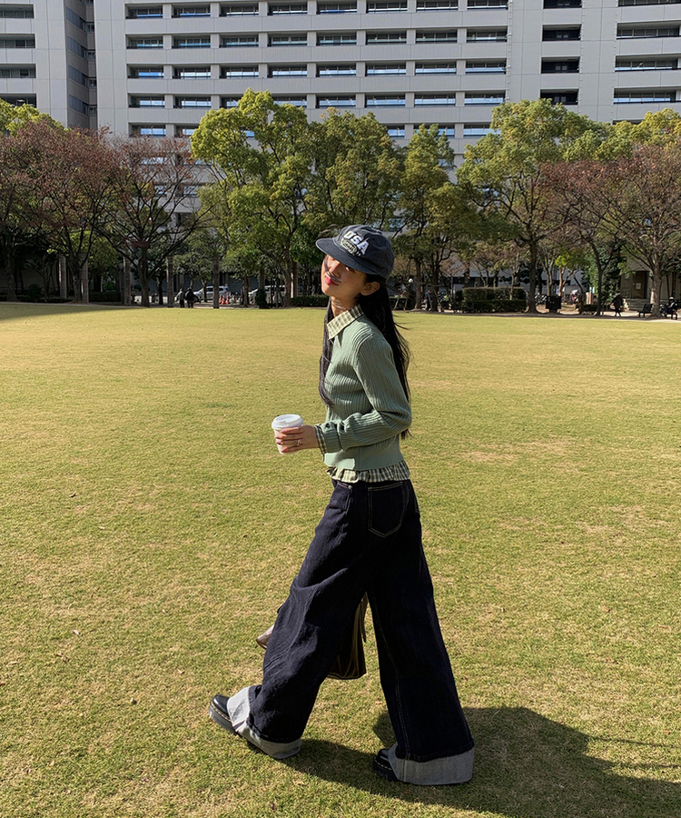 フリルチェックボタンシャツ GREEN