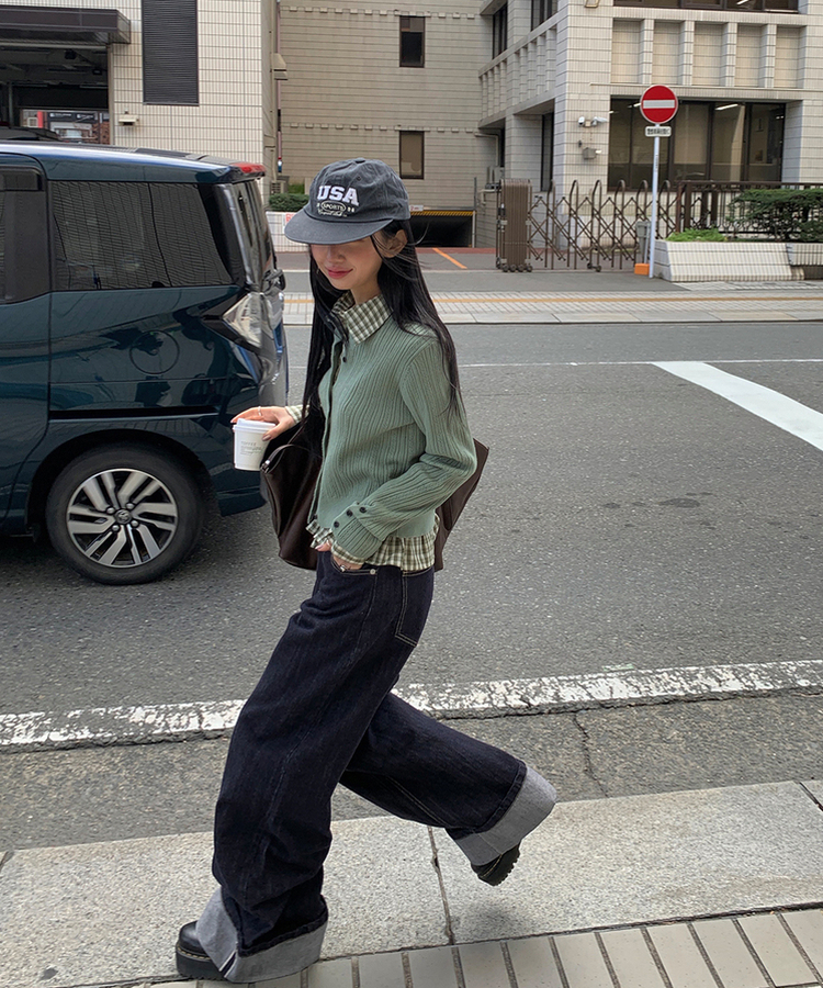 フリルチェックボタンシャツ GREEN