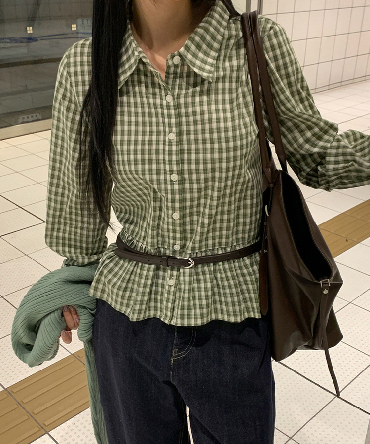 フリルチェックボタンシャツ GREEN