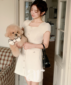 (半袖＆長袖 / 2タイプ袖 / ロマンティックムード♥) 2種類の袖丈 スクエアネック ボタンツイードワンピース IVORY