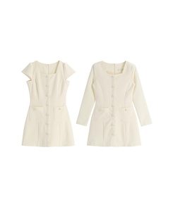 (半袖＆長袖 / 2タイプ袖 / ロマンティックムード♥) 2種類の袖丈 スクエアネック ボタンツイードワンピース