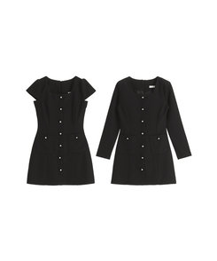 (半袖＆長袖 / 2タイプ袖 / ロマンティックムード♥) 2種類の袖丈 スクエアネック ボタンツイードワンピース