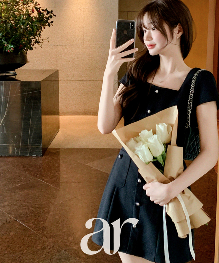 (半袖＆長袖 / 2タイプ袖 / ロマンティックムード♥) 2種類の袖丈 スクエアネック ボタンツイードワンピース BLACK