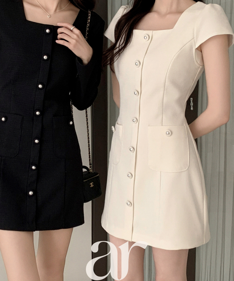 (半袖＆長袖 / 2タイプ袖 / ロマンティックムード♥) 2種類の袖丈 スクエアネック ボタンツイードワンピース IVORY