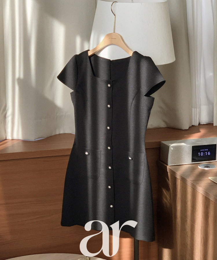 (半袖＆長袖 / 2タイプ袖 / ロマンティックムード♥) 2種類の袖丈 スクエアネック ボタンツイードワンピース BLACK