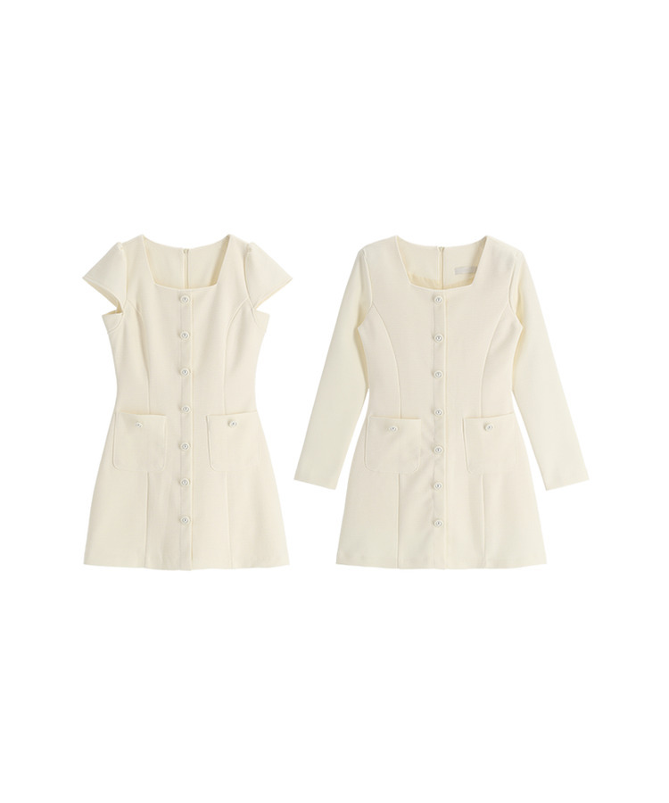 (半袖＆長袖 / 2タイプ袖 / ロマンティックムード♥) 2種類の袖丈 スクエアネック ボタンツイードワンピース