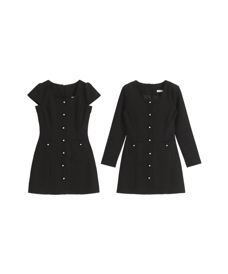 (半袖＆長袖 / 2タイプ袖 / ロマンティックムード♥) 2種類の袖丈 スクエアネック ボタンツイードワンピース