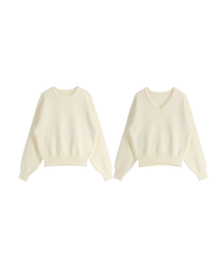 （ラウンドネック＆Vネック／好みに合わせて／9色展開／厚手でふんわり♥）2タイプ 長袖ニットトップス