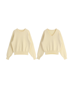 （ラウンドネック＆Vネック／好みに合わせて／9色展開／厚手でふんわり♥）2タイプ 長袖ニットトップス
