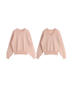 （ラウンドネック＆Vネック／好みに合わせて／9色展開／厚手でふんわり♥）2タイプ 長袖ニットトップス