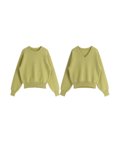 （ラウンドネック＆Vネック／好みに合わせて／9色展開／厚手でふんわり♥）2タイプ 長袖ニットトップス