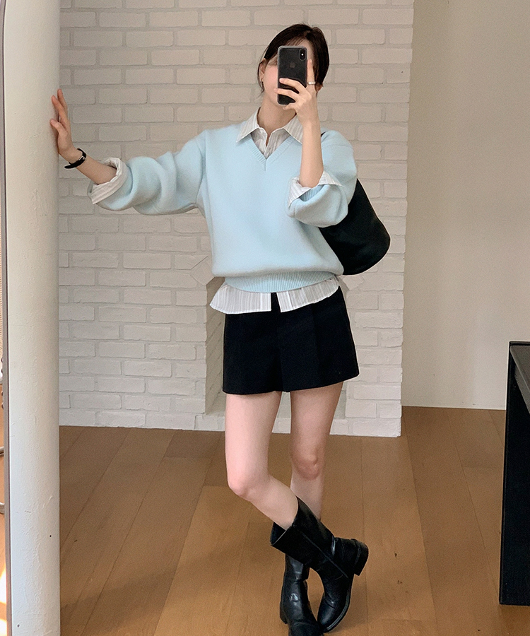 （ラウンドネック＆Vネック／好みに合わせて／9色展開／厚手でふんわり♥）2タイプ 長袖ニットトップス SKYBLUE