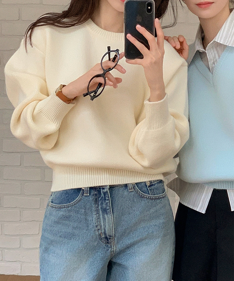 （ラウンドネック＆Vネック／好みに合わせて／9色展開／厚手でふんわり♥）2タイプ 長袖ニットトップス SKYBLUE