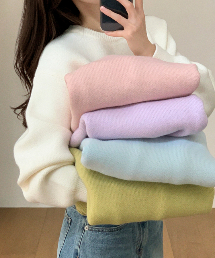 （ラウンドネック＆Vネック／好みに合わせて／9色展開／厚手でふんわり♥）2タイプ 長袖ニットトップス IVORY