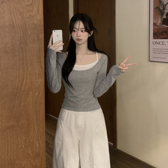 【SET】レイヤードストラップキャミソール＋スリム長袖Tシャツ GREY