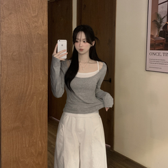 【SET】レイヤードストラップキャミソール＋スリム長袖Tシャツ GREY