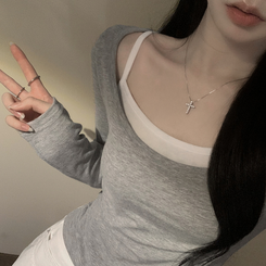 【SET】レイヤードストラップキャミソール＋スリム長袖Tシャツ GREY