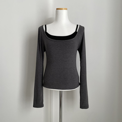 【SET】レイヤードストラップキャミソール＋スリム長袖Tシャツ