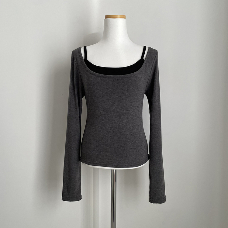 【SET】レイヤードストラップキャミソール＋スリム長袖Tシャツ