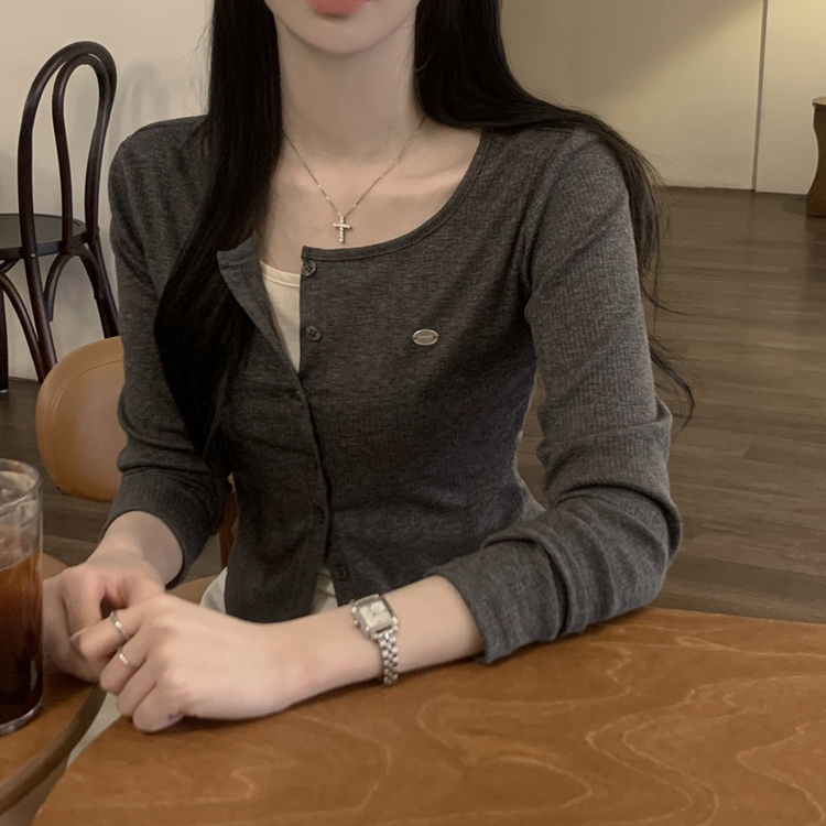 레이어드 배색 골지 크롭 슬림핏 가디건 긴팔티셔츠 봄옷 봄신상 차콜