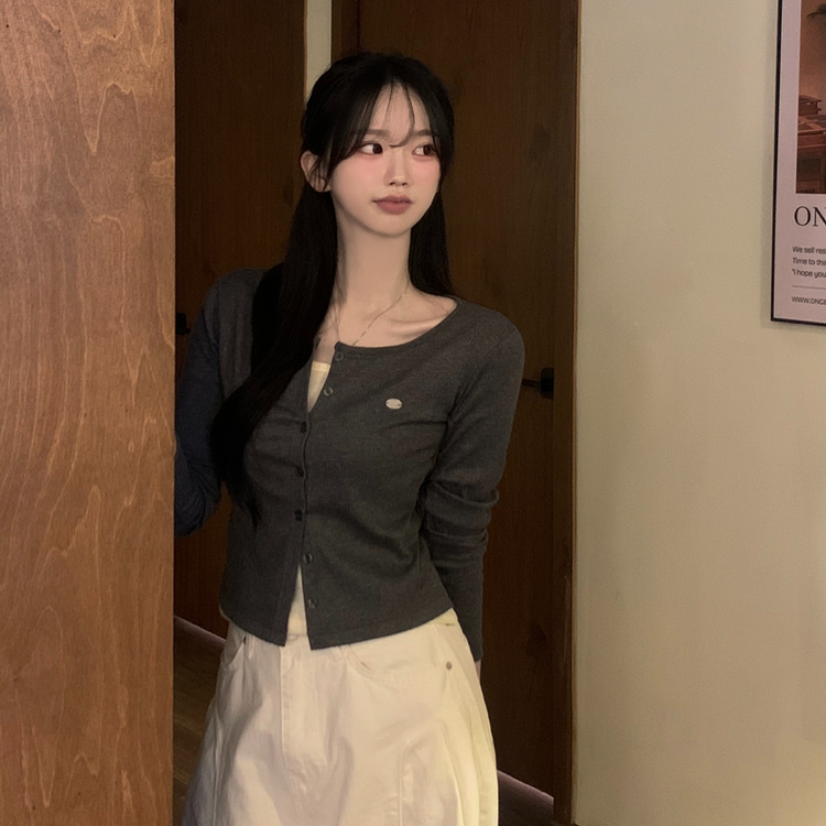 레이어드 배색 골지 크롭 슬림핏 가디건 긴팔티셔츠 봄옷 봄신상 차콜